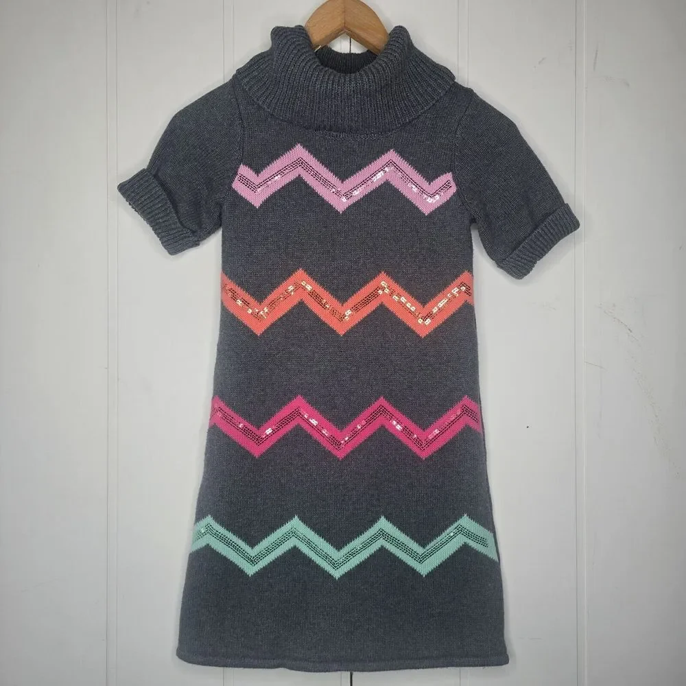 Gymboree Sweater Dress Kids 9 Gray Sequin Chevron Cowl Preppy Holiday Sparkle‎